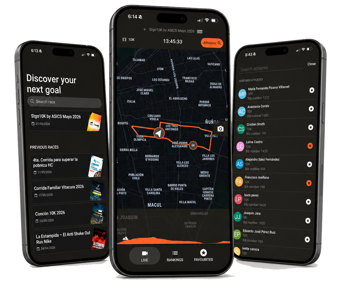 App TimeTrack Live mostrando el seguimiento de corredores en tiempo real